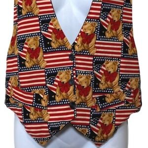 Vintage 90s Vest Womens Medium Teddy Bear Patriotic American Flag Mom Vibes